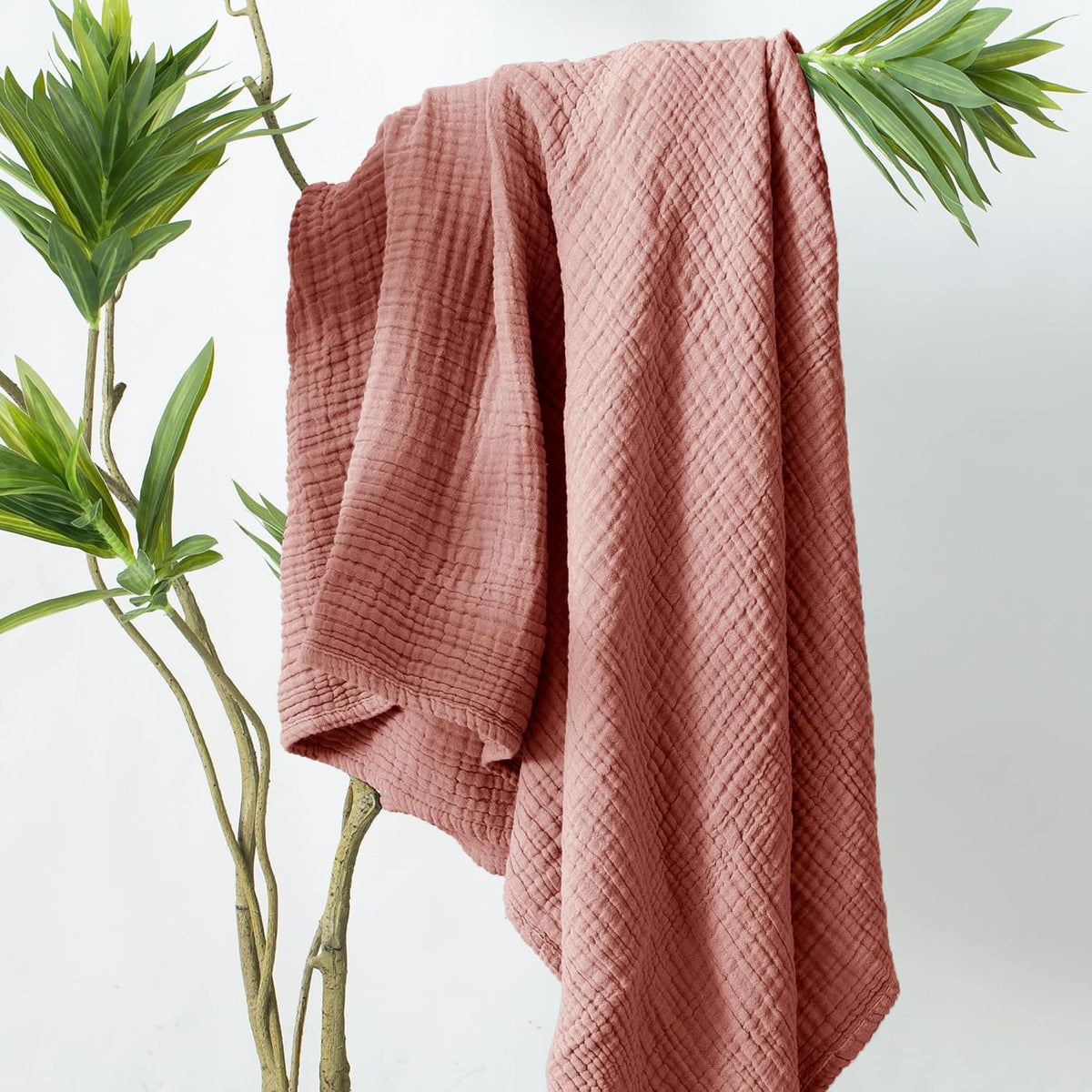 Carriediosa 100% Cotton Muslin Throw Blanket 90" X 90" Queen Size，4-Layers Summer Gauze Throws for Bed Couch，Soft Lightweight Breathable Linen Blankets Bedspread for Adults All Season，Mauve