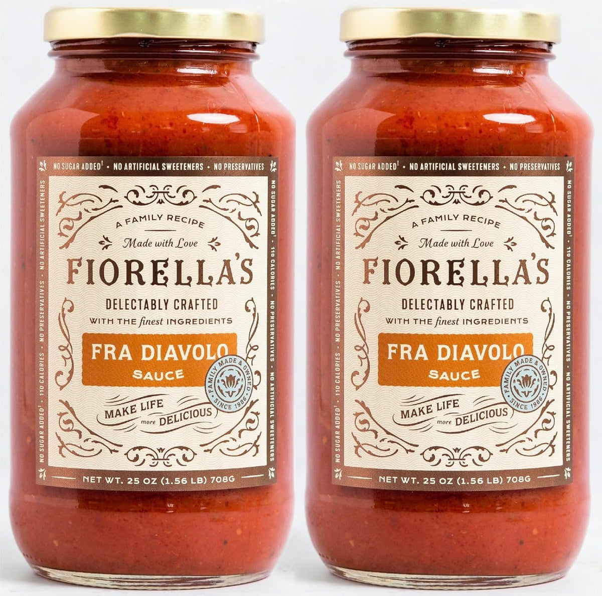 Fiorella's Fra Diavolo, Arrabbiata Sauce - Tomato Sauce Made with Fresh Ingredients - No Sugar Added, No Preservatives Added, No Artificial Sweeteners, Pasta Sauce, 25 Oz (Pack of 2)