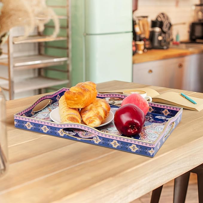 Gifturbo Serving Tray for Coffee Table, Rectangular Plastic Decorative Tray with 4 Handles for Entertaining, Outdoors, Living Room, Ottoman, Bathroom,Blue & Pink