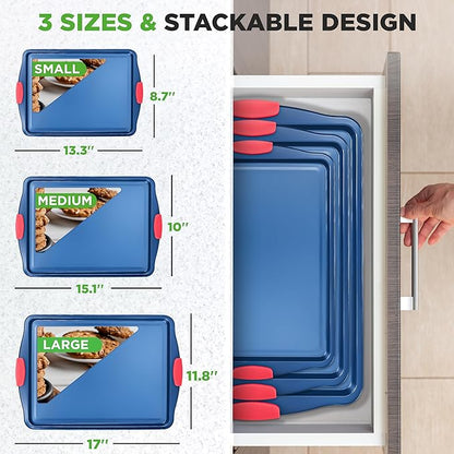 NutriChef 3-Piece Nonstick Cookie Sheets for Baking - Premium Carbon Steel Baking Trays w/ Non-Stick Smooth Coating & Silicone Handles - Large, Medium, & Small Bakeware - Blue