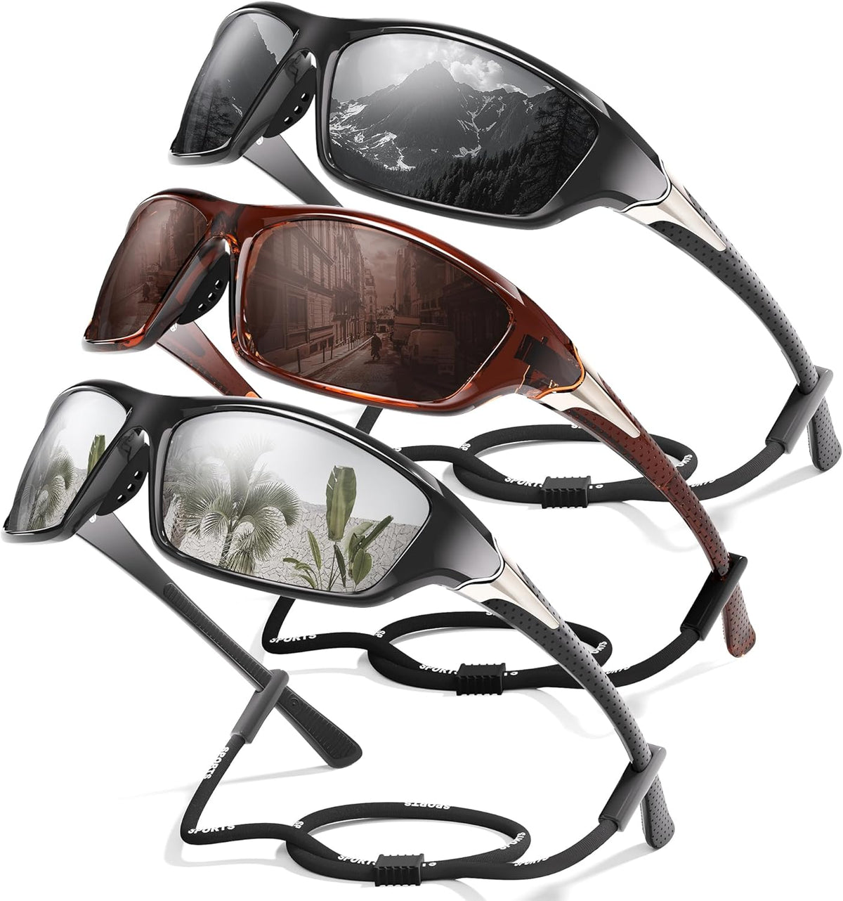 3 Pack Polarized Sports Sunglasses for Men, Mens Sunglasses Wrap Around UV400 Protection for Cycling Fishing Driving