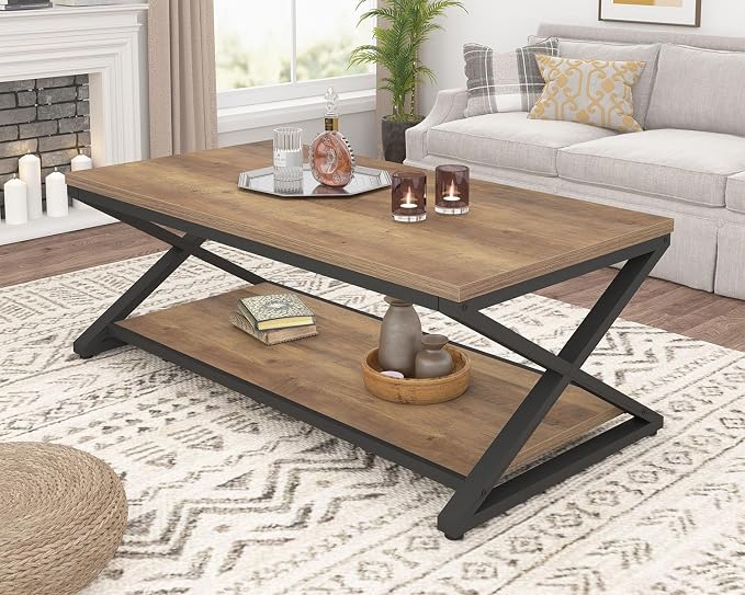 HSH Rustic Wood Coffee Table, Modern Farmhouse Living Room Table, Minimalist Center Table with Storage & Display Shelf, 2 Tier Simple Rectangle Cocktail Tea Table for Home Office Bedroom, 47 Inch