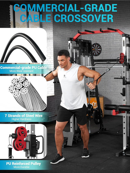 Smith Machine, Power Cage Squat Rack with Cable Crossover, Dual Pulley System, Pull-Up Bar, Home Gym Workout Equipment with Attachments for Strength Training and Weightlifting