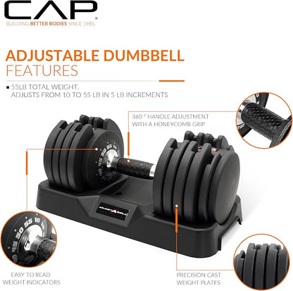 CAP ADJUSTABELL Adjustable Dumbbell Set, Premium Quick Select Adjustable Weights for Strength Training, Singles & Pairs, 12.5 LB, 25 LB & 55 LB, Round & Hex Dumbbells, Multiple Grip Handle Options