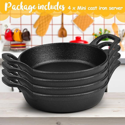 Mini Cast Iron Skillets 6.3 x 6.3 x 1.5 Inch Cast Iron Pan Small Ramekin Set Black Casserole Dish Cookware Oven Safe Mini Skillets for Kitchen Indoor Outdoor Picnic (4 Pack)