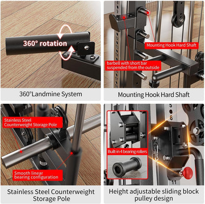 Smith Machine Power Rack Multifunctional Power Cage Deep Squat Rack Cable Crossover System Selectable More Training Attachment for Garage & Home Gym