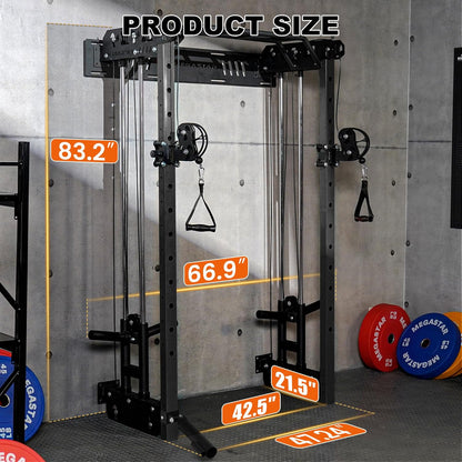 Wall Mounted Power Rack – 1600LB Capacity Compact Commercial Home Gym with Dual Cable Crossover, LAT Pulldown, Multi-Grip Pull-Up Bar & Landmine Attachment for Small Spaces, P67 Striker Red
