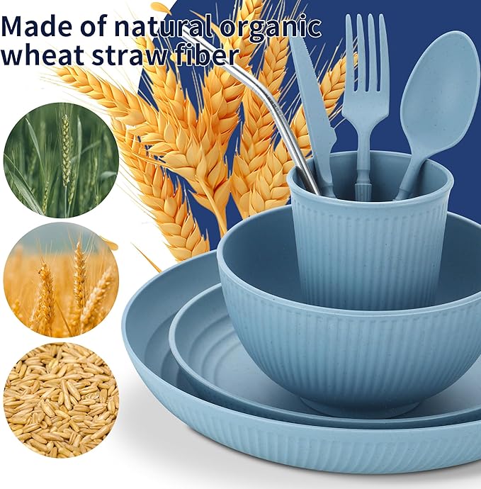 Wheat Straw Dinnerware Sets,64-Piece Plates and Bowls Sets for 8-Unbreakable,Reusable Plastic Dish Set-Dinner Plate/Dessert Plate/Cereal Bowl/Cup/Utensils-Microwavable Dishwasher Safe 64P-Blue