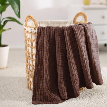 Carriediosa 100% Cotton Muslin Throw Blanket 90" X 90" Queen Size，4-Layers Summer Gauze Throws for Bed Couch，Soft Lightweight Breathable Linen Blankets Bedspread for Adults All Season，Dark Brown
