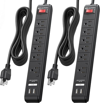 [ETL Listed] Cable Matters 2-Pack 6-Outlet Surge Protector Power Strip with USB Ports - 12ft, Long Extension Cord, Surge Protector with USB Ports, Black