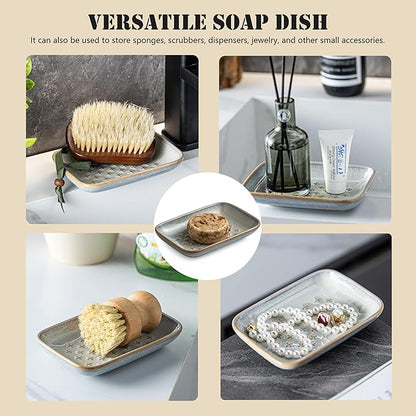 Gomakren Soap Dish, Shower Soap Holder, Ceramic Soap Dishes for Bar Soap Sponge Shampoo, Christmas Soap Saver Tray for Bathroom Kitchen Sink Counter, 5.5 Inch, Gray