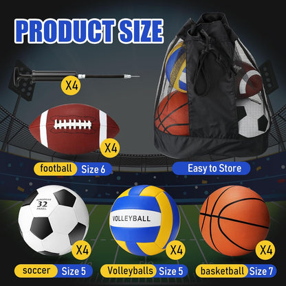 Jenaai Sport Balls Set Official Size Basketball Football Volleyball Soccer Ball with Equipment Bags and Pumps Kit for Kid Youth Adult Indoor Outdoor Operation Christmas