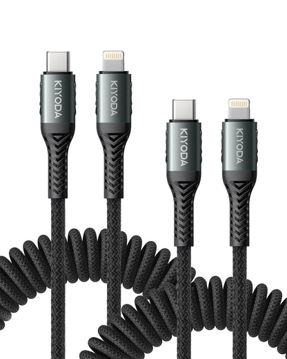 Coiled USB C iPhone Charger 3FT 2Pack, Braided Type C to Lightning Cable for Car [Apple MFi Certified] Fast Charging Cord Compatible with iPhone 14 Pro/Pro Max/Plus 13 12 11 8 7 6s 6 SE XS XR X, iPad
