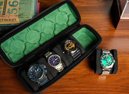 4 slots watch travel case roll, hard watch box storage organizer with soft foam pillows, fit up to 55mm face size watch(green microfiber lining)