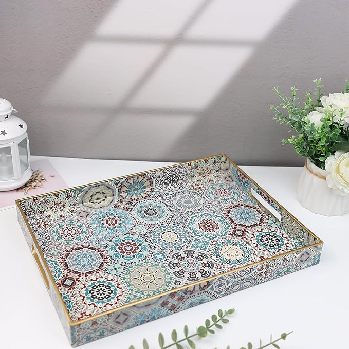 Spsyrine Decorative Serving Tray with Handles, Lacquered Coffee Table Tray for Ottoman, Rectangular Waterproof Platters for Centerpieces, Parties, Living Room, Kitchen Counter Organization SP3040RE2