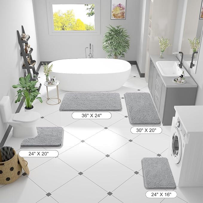 OLANLY Bathroom Runner Rugs 70x24, Soft Absorbent Chenille Bath Rugs, Rubber Backing Quick Dry, Machine Washable Long Bath Mats for Bathroom Floor, Tub and Shower, Home Decor Accessories, Light Grey