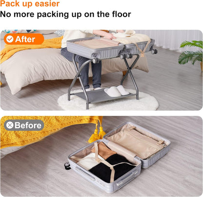 Heybly Luggage Rack, Steel Folding Suitcase Stand with Storage Shelf for Bedroom, Hotel, Foldable Steel Frame, Guest Room Bedroom Hotel, 22.8" L x 11.8" W x 20.9" H, Gray HLR004G1