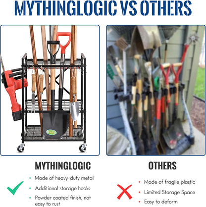 Mythinglogic Garden Tool Organizer for Garage, Yard Tool Rack with Wheels, Garage Organizers and Storage Holder for Yard Tools (Small Tower)