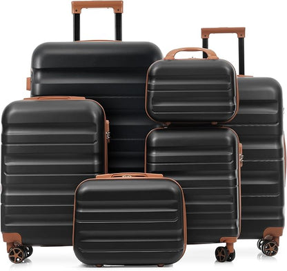 Merax Luggage Set 6 Piece, Hardshell ABS Suitcases with 8 Silent Spinner Wheels, Durable and Lightweight Travel Luggage for Family Trips, Black Brown