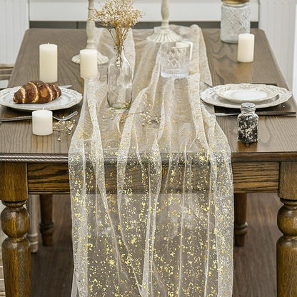 Artoid Mode Beige Gold Gauze Table Runner 120 Inch 10FT, Glitter Metallic Foil Sheer Dining Wedding Anniversary Holiday Birthday Table Decor for Home Party