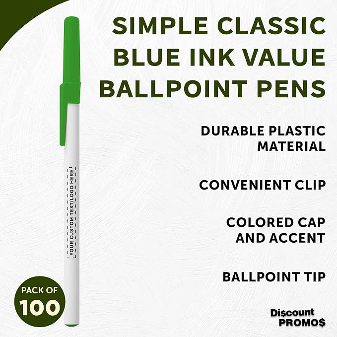 DISCOUNT PROMOS Custom Value Stick Pens Set of 100, Personalized Bulk Pack - Blue Ink, Great for Office, School, Business, Tradeshows, Events - Green Cap