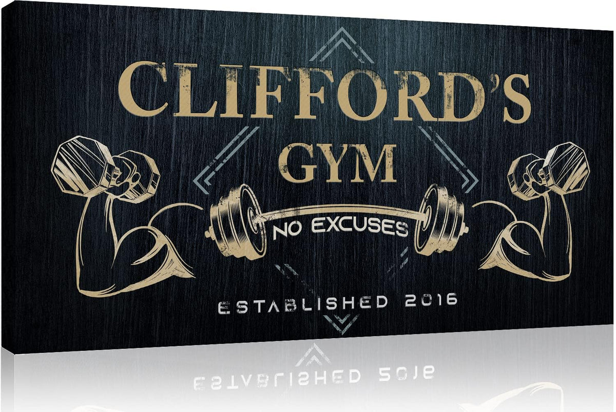 Tailored Canvases Personalized Gym Sign Wall Art Decor - Motivational Canvas for Home Gym, Workout Room, Garage, Fitness Center - Workout Inspirational Posters - Gym Name on Charcoal Background, 20x10in