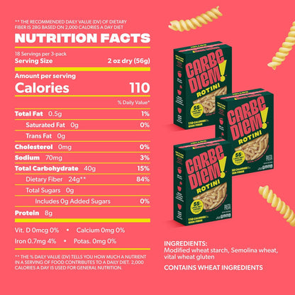 Carbe Diem!, Rotini, Lower Net Carb Pasta with Traditional Flavor & Texture, 55% Fewer Net Carbs & Only 110 Calories Per Serving, Pack of 3