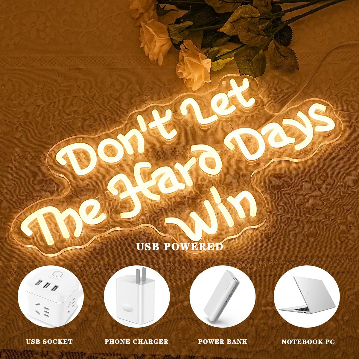 Don't Let The Hard Days Win Neon Sign for Wall Decor Letter Neon Light Warm white LED Neon Signs Office LED Neon Lights for Bedroom Office Classroom Store Decoration