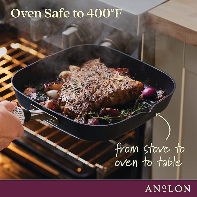 Anolon Advanced Home Hard Anodized Nonstick Deep Square Grill/Griddle Pan with Pour Spouts, 11 Inch, Onyx