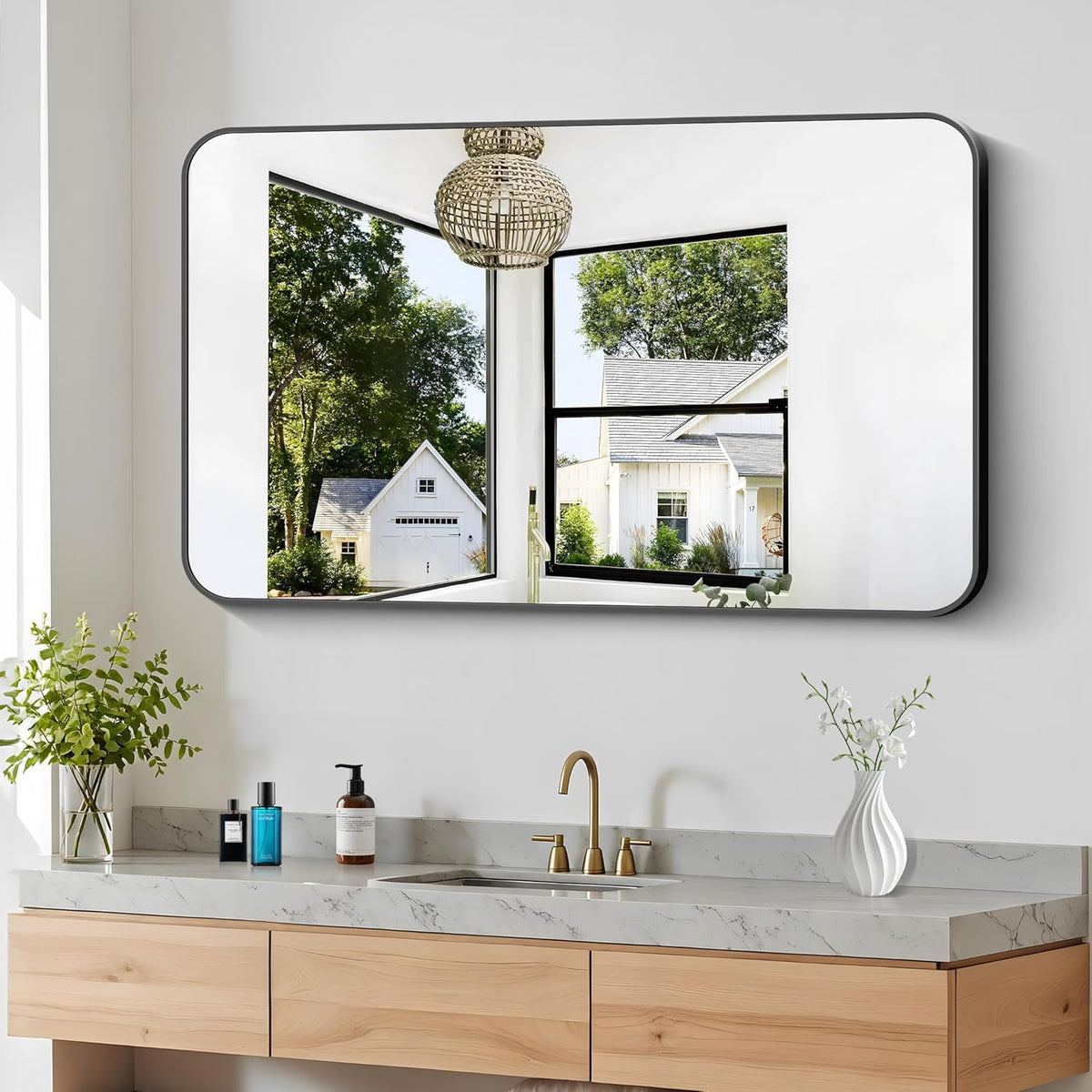 30x48 inch Bathroom Mirror,Black Rectangle Mirror,Wall Mounted Bathroom Frame Vanity Mirror with Round Corner for Bedroom Living Room, Entryway Hangs Horizontal or Vertical