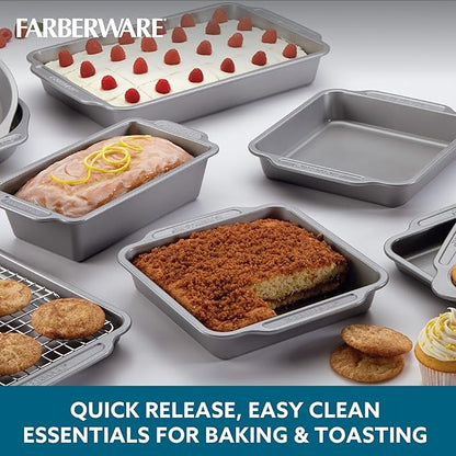 Farberware Nonstick Steel Bakeware Set with Cooling Rack, Baking Pan and Cookie Sheet Set with Nonstick Bread Pan and Cooling Grid, 10-Piece Set, Gray