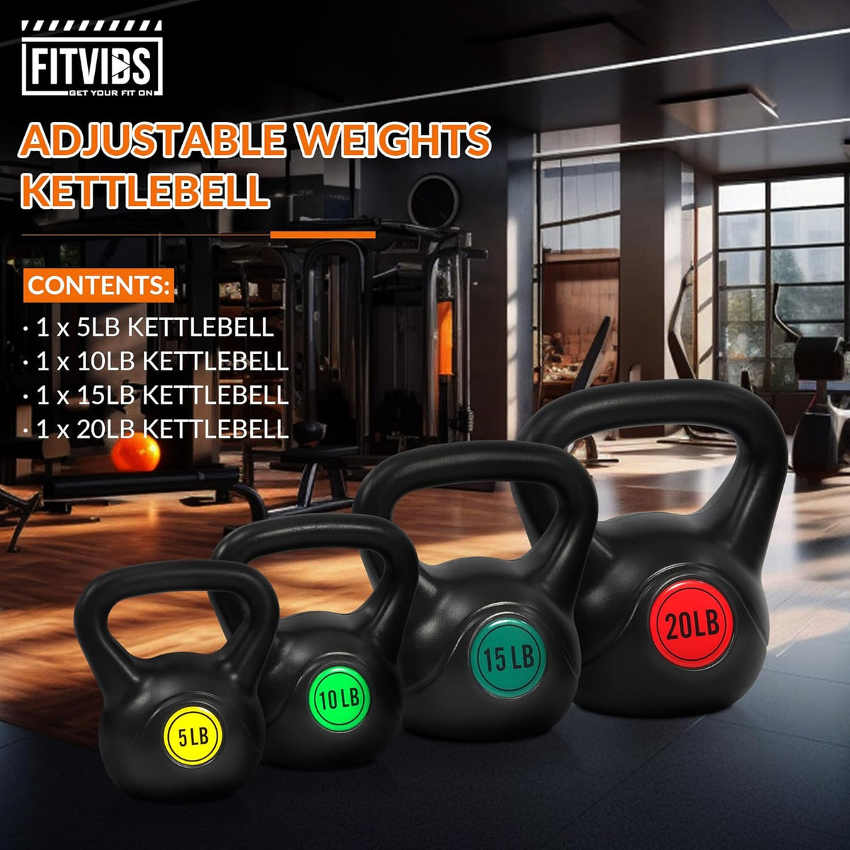 Fitvids Wide Grip 3-Piece or 4-Piece Kettlebell Exercise Fitness Weight Set, Include 5 lbs, 10 lbs, 15 lbs and 20 lbs, Set of 3 or Set of 4