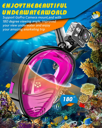 QingSong Full Face Snorkel Mask for Adults, Snorkeling Gear with Camera Mount, 180 Degree Panoramic View Snorkel Set Anti-Fog Anti-Leak