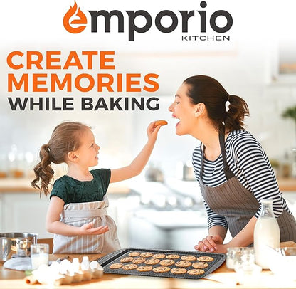 Emporio Kitchen Stackable Baking Pan Set - Deluxe Nonstick Gray Marble Coating, Carbon Steel Bakeware Sets, PFOA, PFOS, PTFE Free, Recipe Booklet Included, Oven Safe (Up to 450°F), Set of 7
