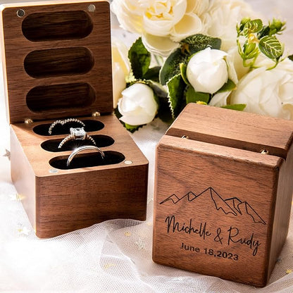 Custom Engraving Ring Gift Box Wooden Presentation Jewelry Box Case with 3 Ring Slots for Proposal Engagement Wedding Ceremony Birthday Gift