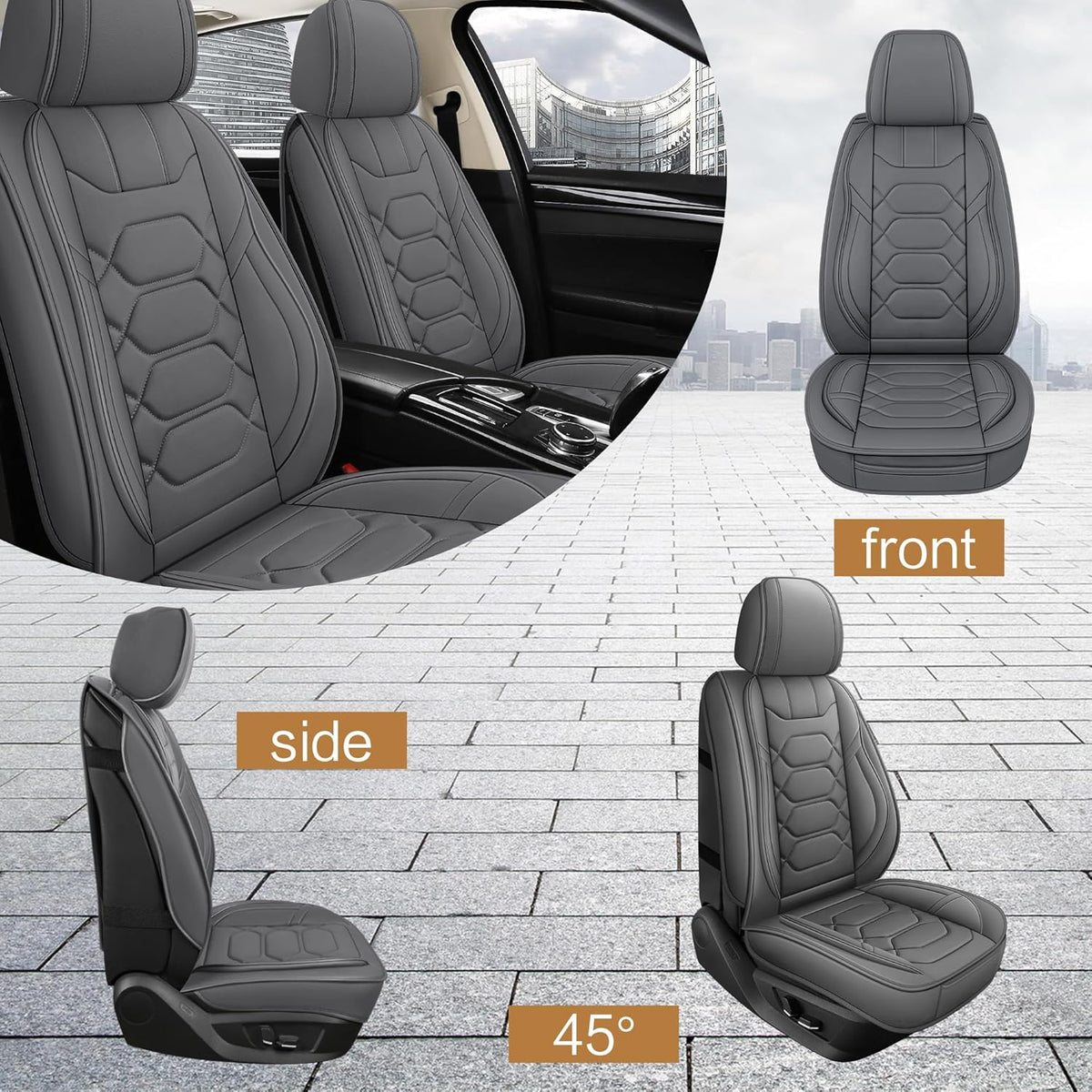 Pariitadin Leather Car Seat Covers Front Pair, Waterproof Breathable Faux Leather Automotive Seat Covers for Cars, Non-Slip Car Interior Covers Universal Fit Most Cars Sedans Trucks SUVs, Gray