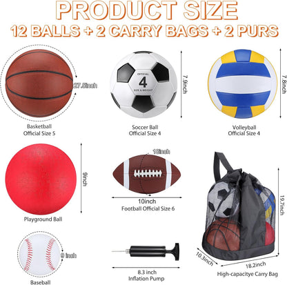 Deekin 12 Pcs Assorted Sport Ball Set Official Size Basketball, Football, Volleyball, Soccer, Baseball, Playground Ball with Bag and Pump Gift for Kid Youth Adult Back to School
