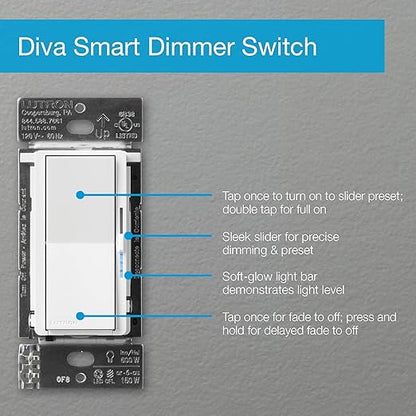 Lutron Diva Smart Dimmer Light Switch for Caseta Lighting (Lutron Smart Hub Required), for LED Lights, 150W, Single-Pole/3-Way, No Neutral, White, 9 Pack