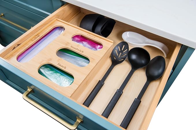 Lipper International Bamboo Storage Bag Organizer Holder and Dispenser for Kitchen Drawer or Countertop, 4 Compartment Sizes