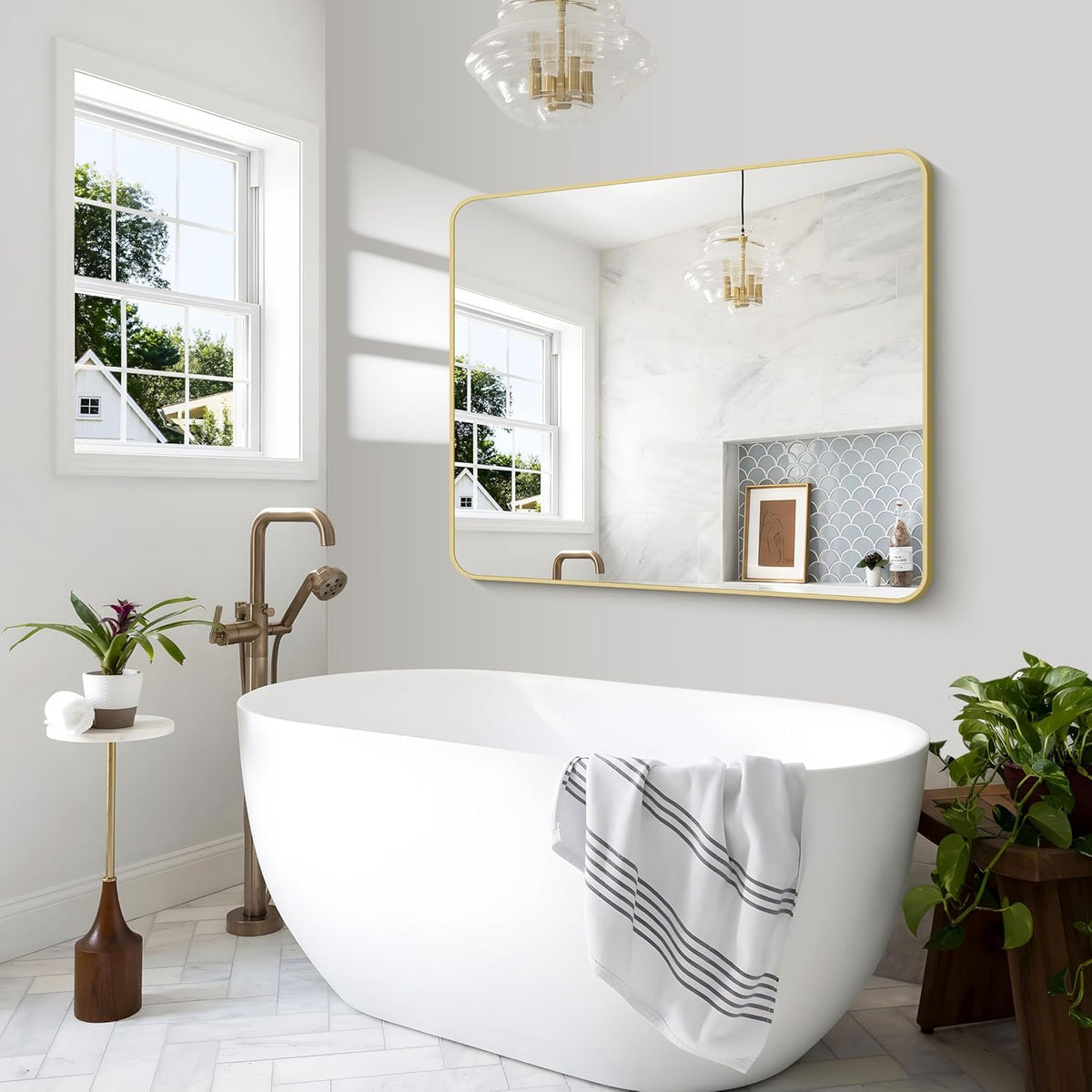 Gold Bathroom Mirror,40x48 inch Wall Mirror for Bathroom Wall Mounted,Round Rectangle Mirror for Bathroom Over Sink,Modern Frame for Home Decor Living Room,Bedroom Entryway,Horizontal/Vertical