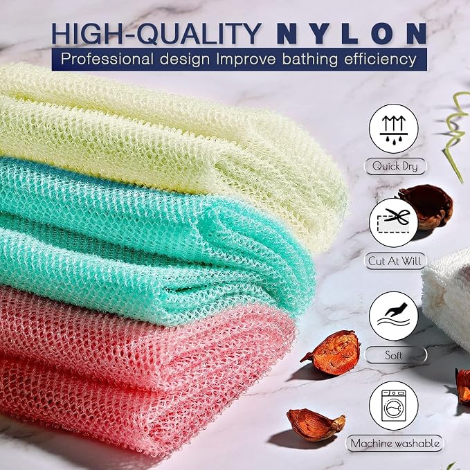 UJFQBH 3 Pieces African Net Sponge, African exfoliating net African Net Long Net Bath Sponge Exfoliating Shower Body Scrubber Back Scrubber Skin Smoother（Pink, Green, Off-White）