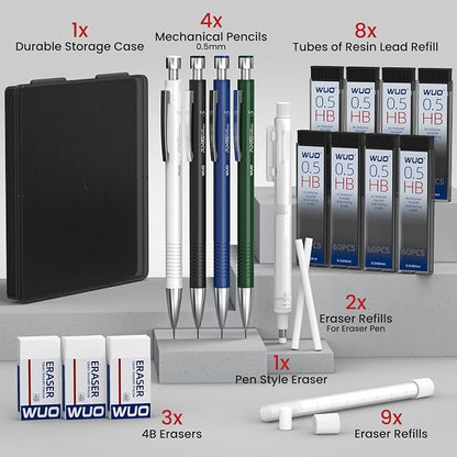 WUO 0.5 mm Mechanical Pencils with Eraser Pen Storage Case, 4 PCS