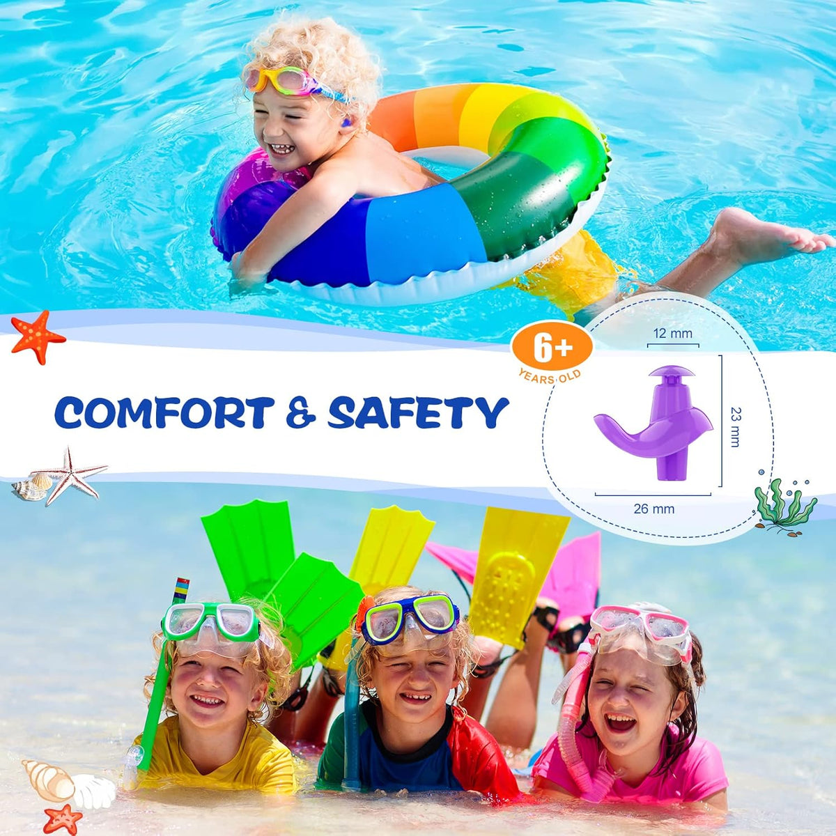 Hearprotek Swimming Ear Plugs, 3 Pairs Soft Waterproof Reusable Earplugs for Swimming Showering Bathing and Other Water Sports Suitable for 6+ Kids(Blue/Orange/Purple)