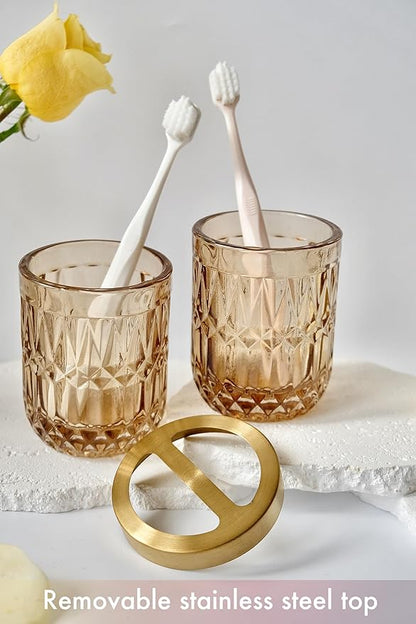Brown Bathroom Accessories Set, 5Pcs Clear Glass Bathroom Accessories, Lotion Soap Dispenser, Toothbrush Holder Set, Soap Dish, Qtip Holder, Tumbler for Vintage Bathroom Decor, Gift Set