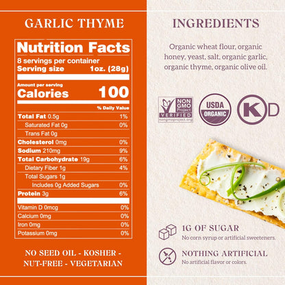 Firehook Garlic Thyme Crackers – Artisan Baked, Craveably Crunchy, Baked with Mediterranean Garlic & Thyme – Organic, Non-GMO, Kosher– 8 oz Box