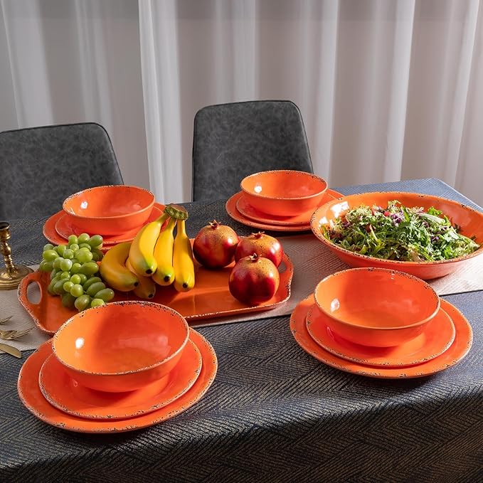 Farmhouse Melamine Pasta Bowls set, 42 OZ Large Fruit Bowl, Lightweight and Unbreakable Salad Serving Bowl, Set of 6, 9.25 inch Wide and Shallow Dinner Bowls, Dishwasher Safe,Orange…