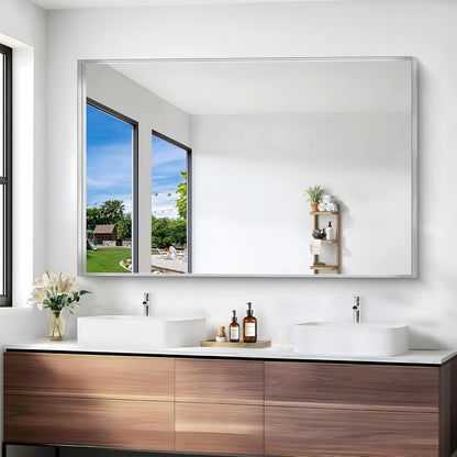 Silver Bathroom Mirror, 36x55 Inch Rectangular Deep Frame Mirror, Large Wall Mounted Bathroom Vanity Mirror Over Sink for Bedroom,Restroom, Living Room, Hangs Vertically or Horizontally