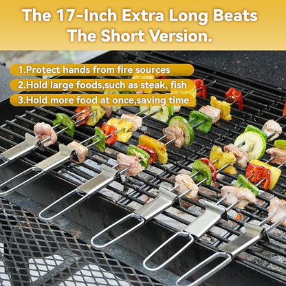 Metal Skewers for Kabobs - 17" 10 Pack Kabob Skewers with Push Bar Double Pronged Anti-Roll Flat BBQ Skewer for Grilling Stainless Steel Reusable Kebab Skewer for Meat Shrimp Chicken Veggie