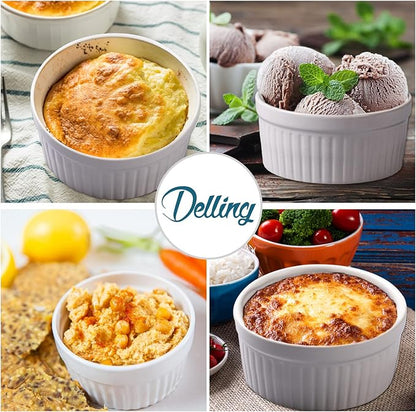DELLING Ramekins 12 Oz Oven Safe Set of 6, Porcelain Souffle Dish for Baking - Creme Brulee Bowls for French Onion Soup Lava Cake Pudding, Stackable, White