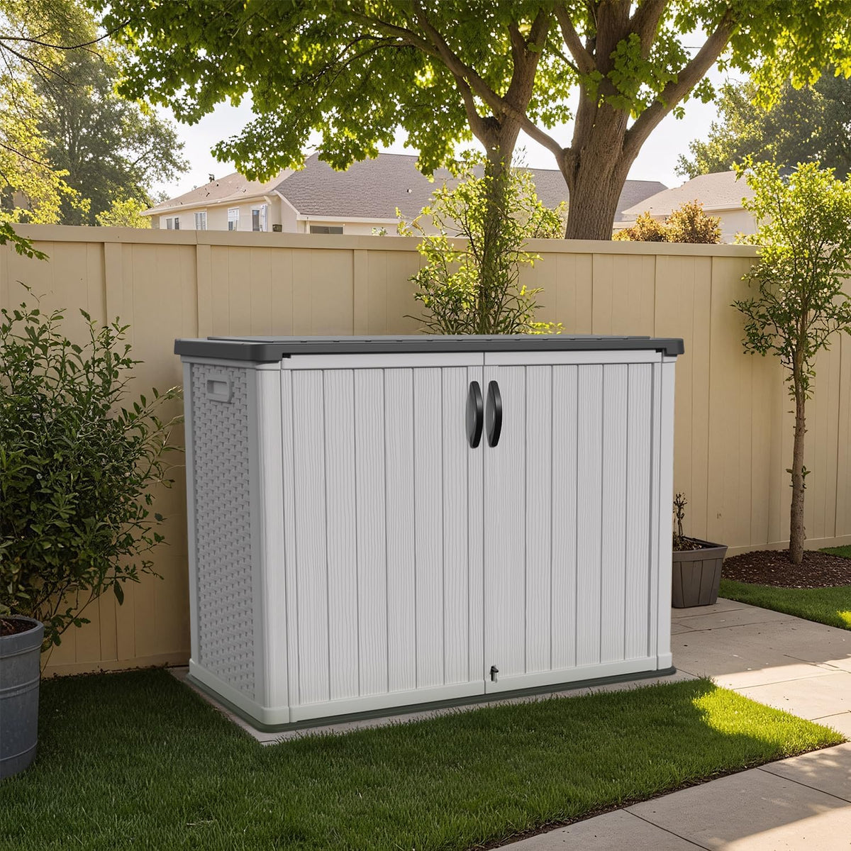 Patiowell 26 Cu.ft Plastic Outdoor Storage Shed w/o Shelf, Lockable Waterproof Horizonal Storage Cabinet Tool Box for Patio, Garden Tools, Garbage Cans, Pool Supplies, White(Not Include Shelves)